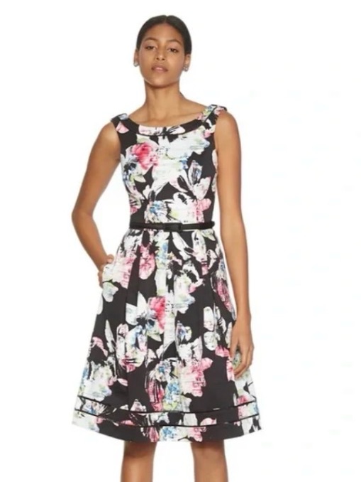 White House Black Market Floral Fit-And-Flare Dress In Black With Pink Accents